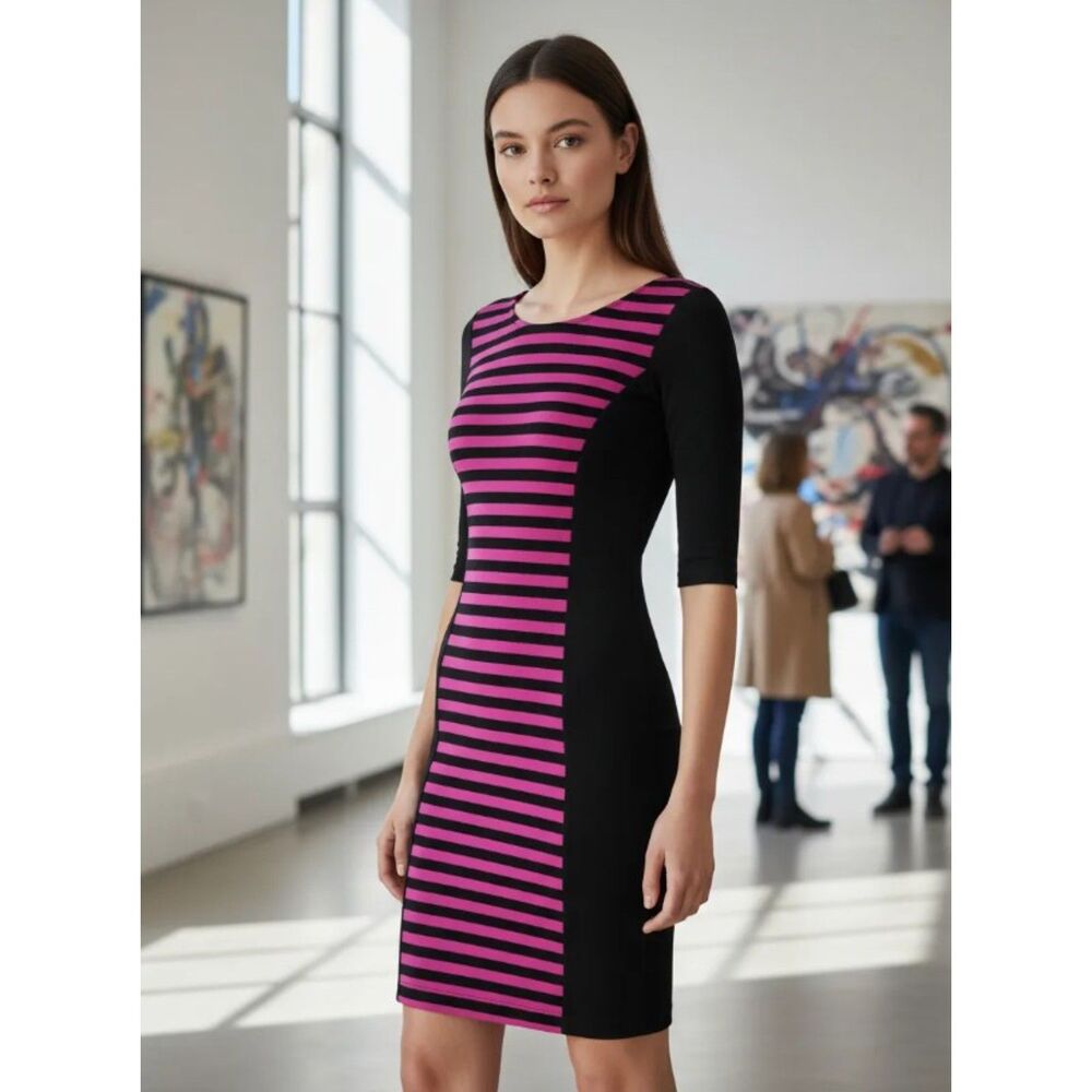 NEW NWT Black Striped Sz 8 Church Office Stretchy Bodycon Dress SPENSE